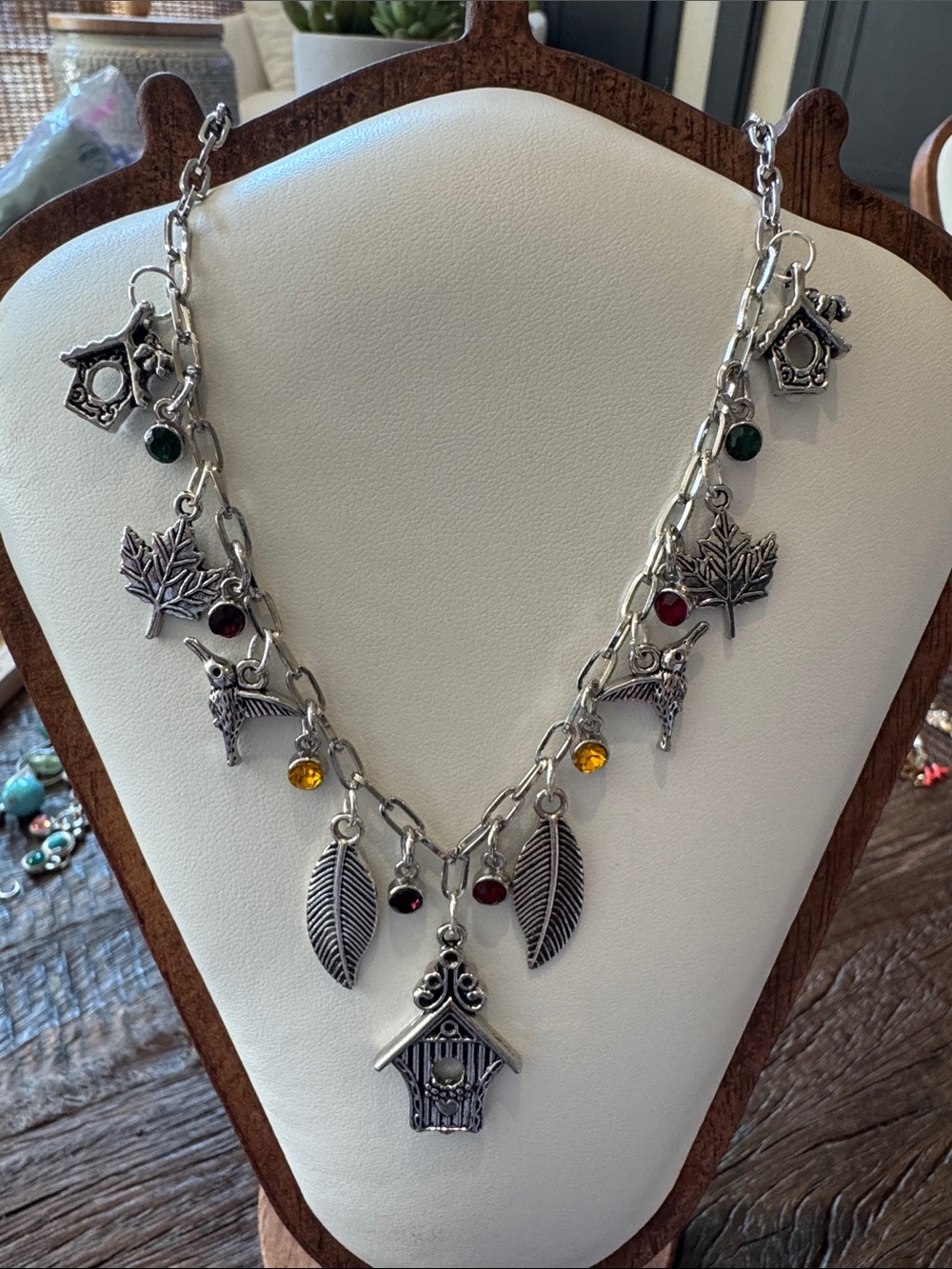 Silver-tone fall themed Charm Necklace with Autumn Gem Accents